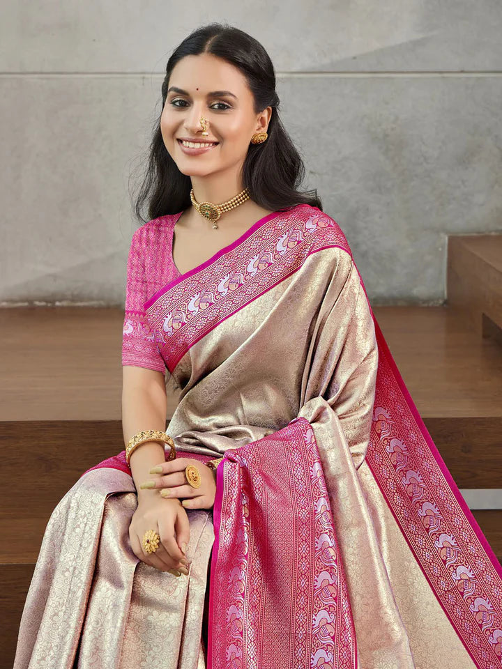 Kanjivaram Silk Saree with Zari Woven Saree With Blouse Piece