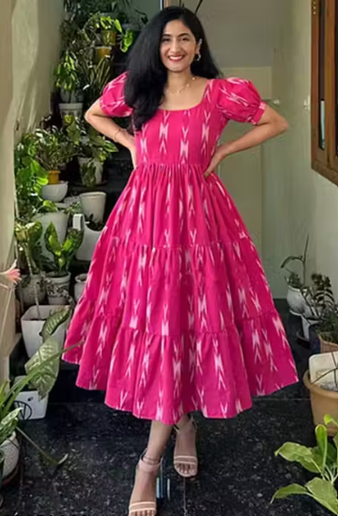 Girl's & Women's Solid A-Line Rushed Puff Sleeve Maxi Long Evening One Piece Long Dress for Women Stylish