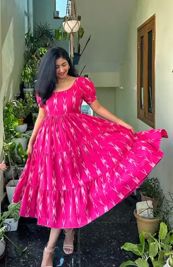 Girl's & Women's Solid A-Line Rushed Puff Sleeve Maxi Long Evening One Piece Long Dress for Women Stylish